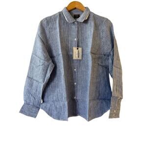 UNTUCKit Womens Villa Fiore Button Up Shirt 12 Blue Stripe Linen Long Sleeve NWT